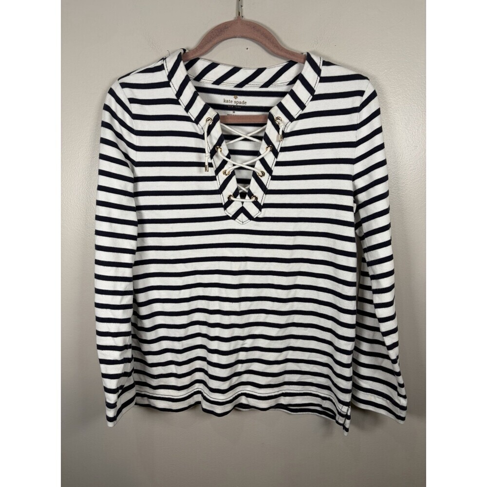 Kate Spade Nautical Lace Up Knit Top Size Medium Navy Blue White Striped Shirt